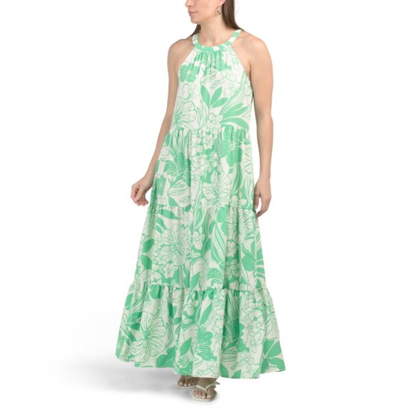 LONDON TIMES White/green Halter Floral Printed Maxi Dress